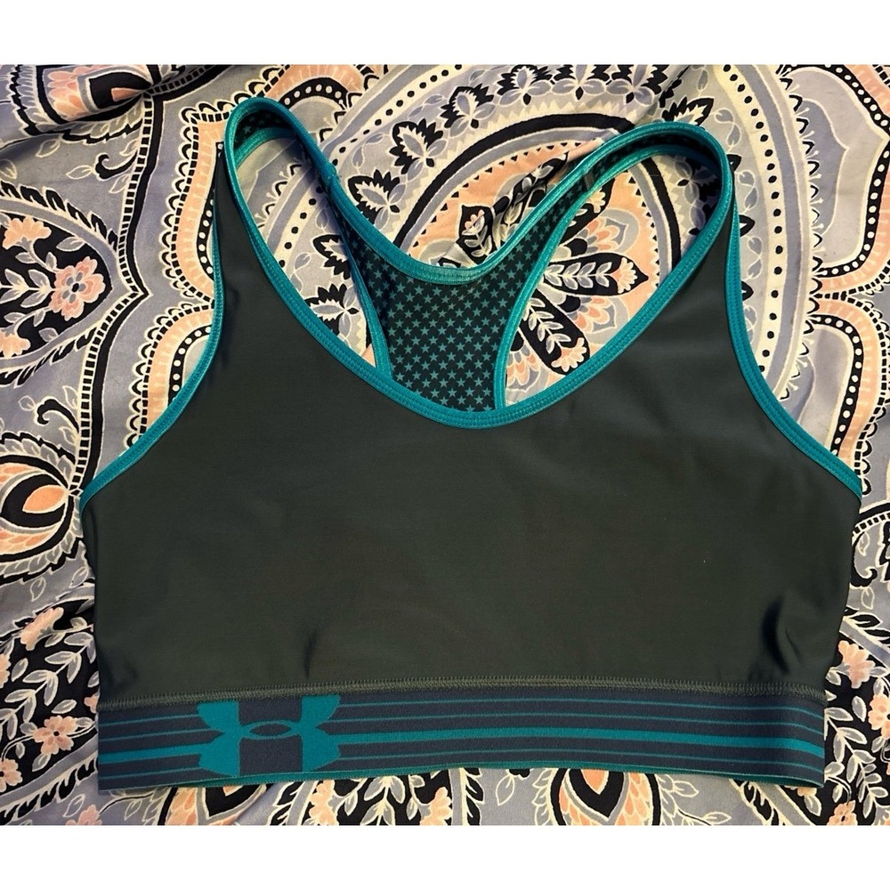 Under Armour Reversible Dark Grey/Teal Blue Stars Sports‎ Bra, Size Medium